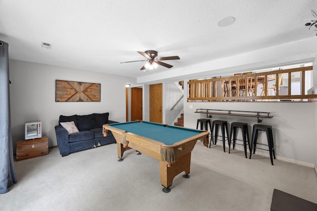 1428 Willow Creek Ln, Shoreview, MN 55126 - playroom featuring carpet floors, pool table, ceiling fan, and a textured ceiling