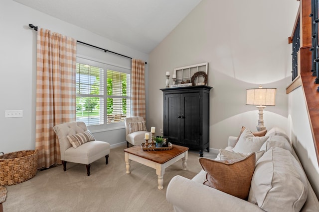 3121 Wild Flower Trl, Medina, MN 55340 - living area with carpet, high vaulted ceiling, and baseboards