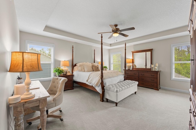 3121 Wild Flower Trl, Medina, MN 55340 - bedroom featuring multiple windows, light carpet, a raised ceiling, baseboards, and a textured ceiling