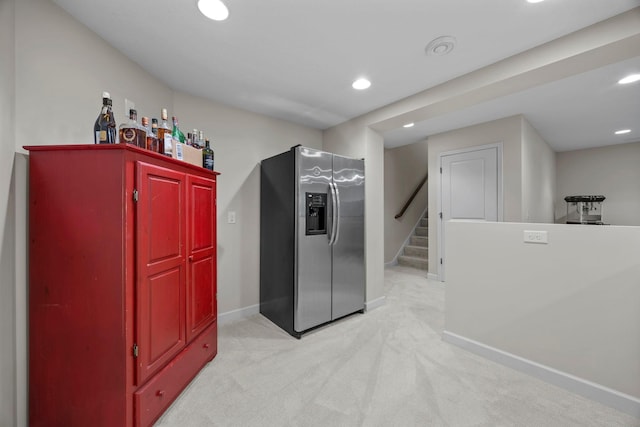 3121 Wild Flower Trl, Medina, MN 55340 - kitchen with stainless steel fridge with ice dispenser, light carpet, recessed lighting, and baseboards