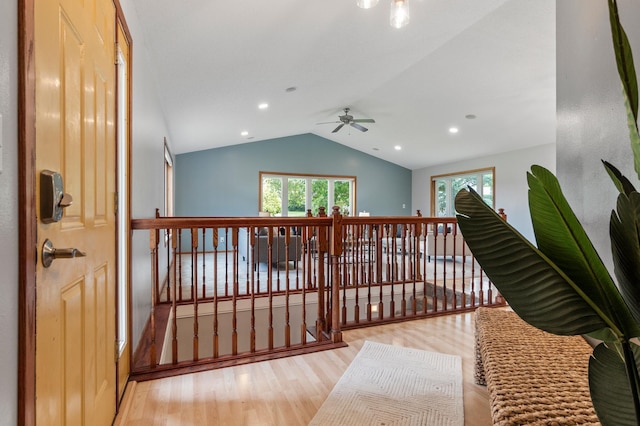 2820 Wilderness Ridge Rd SE, Alexandria, MN 56308 - staircase featuring a ceiling fan, wood finished floors, vaulted ceiling, and recessed lighting