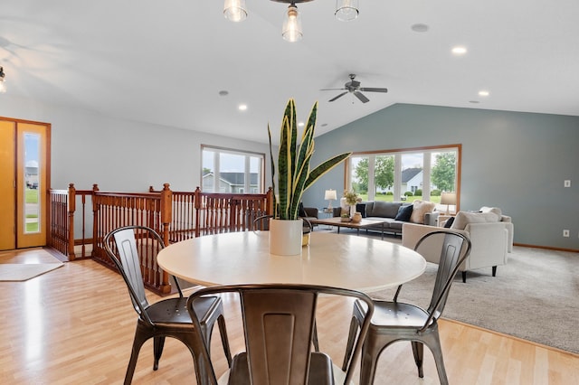 2820 Wilderness Ridge Rd SE, Alexandria, MN 56308 - dining space with a ceiling fan, vaulted ceiling, light wood-type flooring, and recessed lighting
