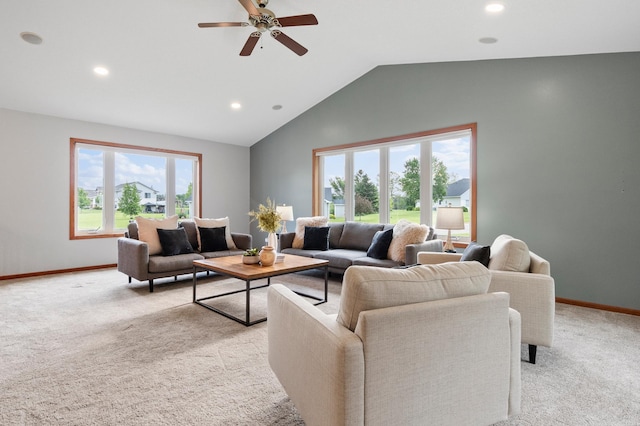 2820 Wilderness Ridge Rd SE, Alexandria, MN 56308 - living area featuring light colored carpet, a ceiling fan, recessed lighting, and high vaulted ceiling