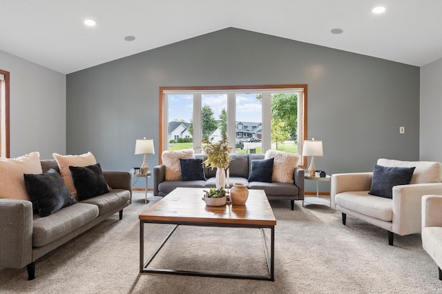 2820 Wilderness Ridge Rd SE, Alexandria, MN 56308 - living room with lofted ceiling, light carpet, and recessed lighting