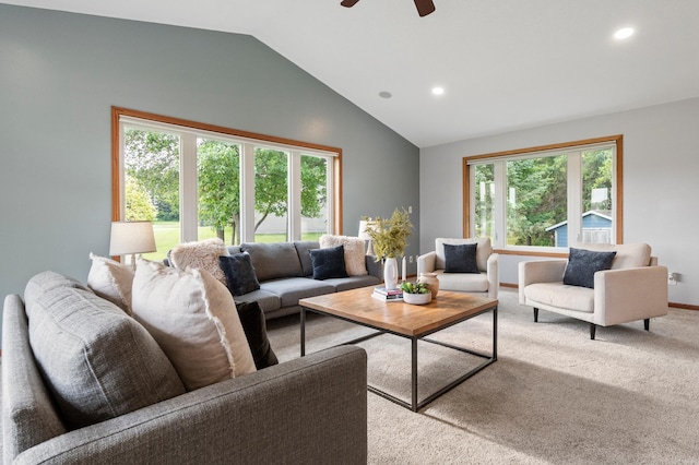 2820 Wilderness Ridge Rd SE, Alexandria, MN 56308 - living room featuring recessed lighting, lofted ceiling, a ceiling fan, and light carpet