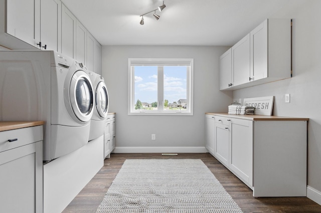 2820 Wilderness Ridge Rd SE, Alexandria, MN 56308 - laundry room featuring cabinet space, washer and clothes dryer, dark wood-style floors, and rail lighting