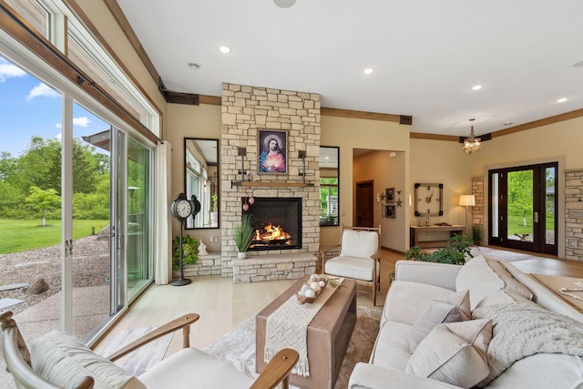 18565 Revere Ave, Spring Lake Twp, MN 55372 - living room featuring wood finished floors, a fireplace, recessed lighting, and ornamental molding