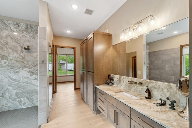 18565 Revere Ave, Spring Lake Twp, MN 55372 - bathroom with wood finished floors, plenty of natural light, walk in shower, vanity, and recessed lighting