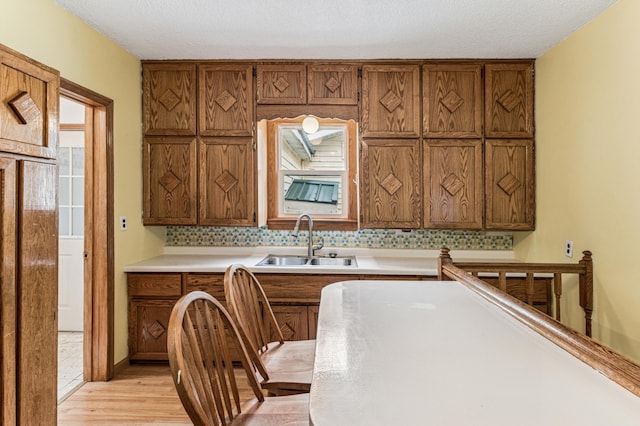 2628 River Rd, Sterling Twp, WI 54024 - kitchen featuring a sink, light wood-type flooring, light countertops, brown cabinetry, and a textured ceiling