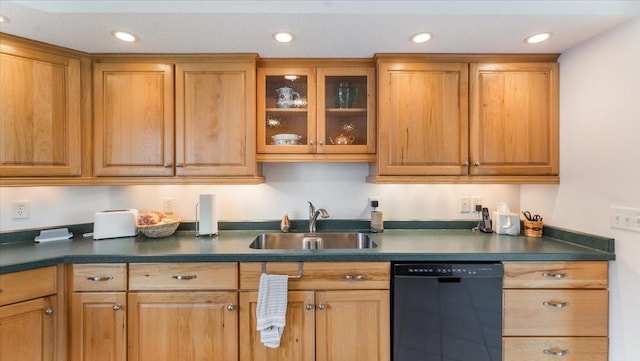9630 Walleye Rd NW, Brandon, MN 56315 - kitchen featuring dishwasher, dark countertops, glass insert cabinets, recessed lighting, and brown cabinets