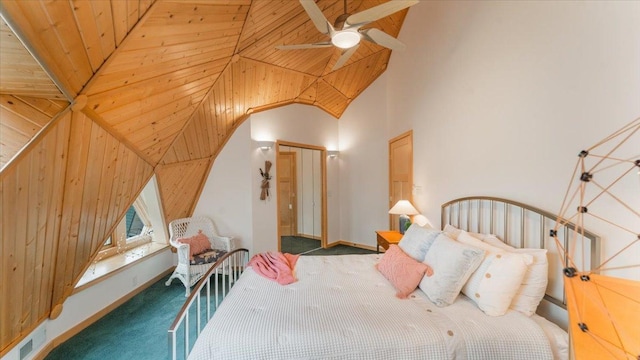 9630 Walleye Rd NW, Brandon, MN 56315 - bedroom with carpet flooring, high vaulted ceiling, wood ceiling, and a ceiling fan