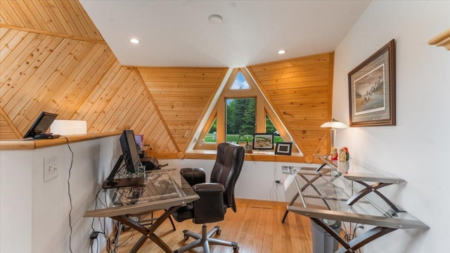 9630 Walleye Rd NW, Brandon, MN 56315 - office area featuring hardwood / wood-style floors, recessed lighting, and wood walls