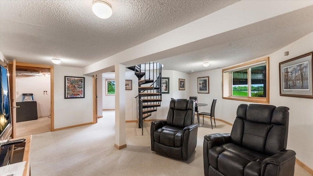 9630 Walleye Rd NW, Brandon, MN 56315 - living area with a textured ceiling, stairway, light carpet, and healthy amount of natural light