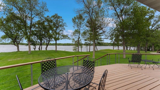 9630 Walleye Rd NW, Brandon, MN 56315 - deck featuring a water view, outdoor dining space, and a yard
