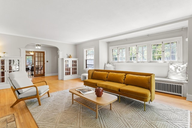 2901 Vincent Ave N, Minneapolis, MN 55411 - living room with radiator heating unit, arched walkways, plenty of natural light, and light wood-style flooring