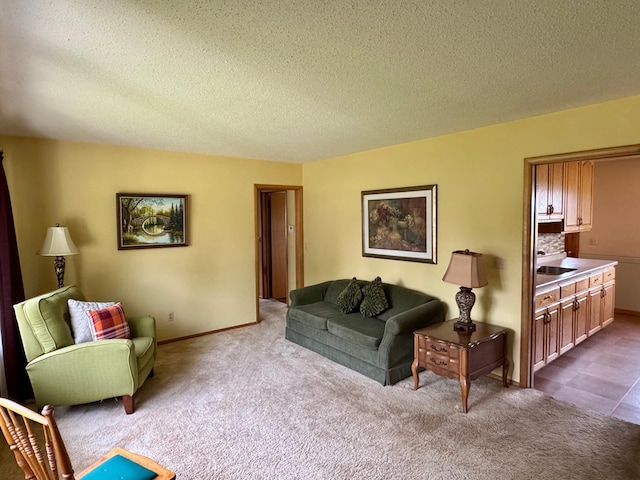 1001 Birch Ave, Olivia, MN 56277 - living area with a textured ceiling, carpet flooring, and baseboards