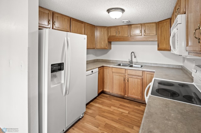 kitchen with white appliances, a sink, light wood finished floors, a textured ceiling, and light countertops