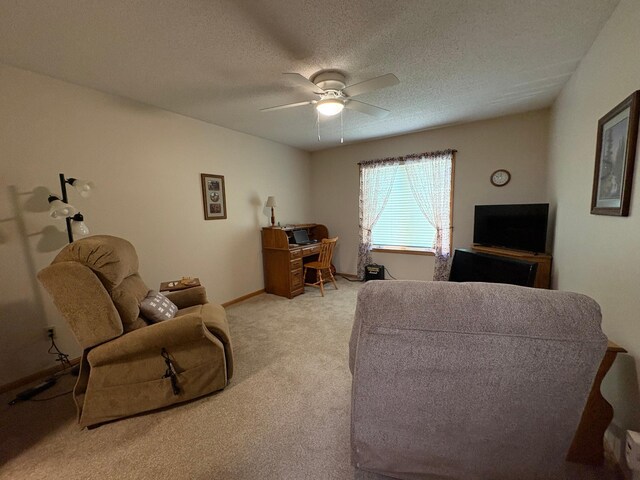 40 Broadway, Plainview, MN 55964 - living area with light carpet, a ceiling fan, a textured ceiling, and baseboards
