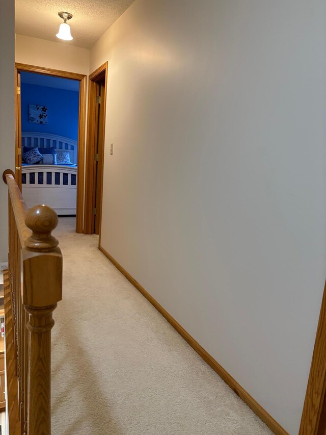 40 Broadway, Plainview, MN 55964 - hall with an upstairs landing, light colored carpet, baseboards, and a textured ceiling
