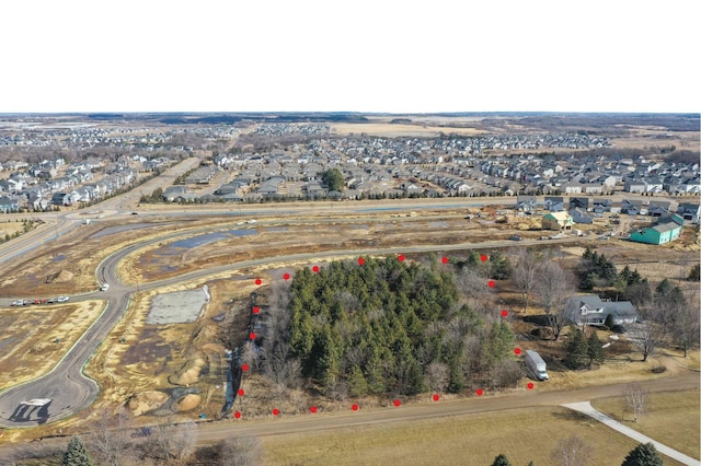 5107 Allen Dr, Woodbury, MN 55129 - aerial view of property and surrounding area featuring property boundaries highlighted and nearby suburban area
