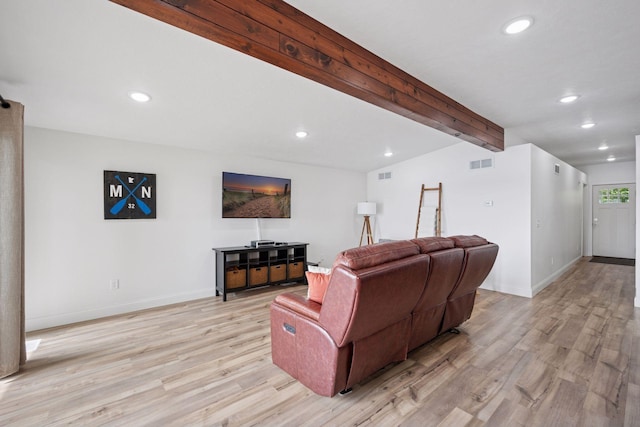 30558 376th Ave, Nordland Twp, MN 56431 - living room featuring light wood-style flooring, recessed lighting, and beamed ceiling
