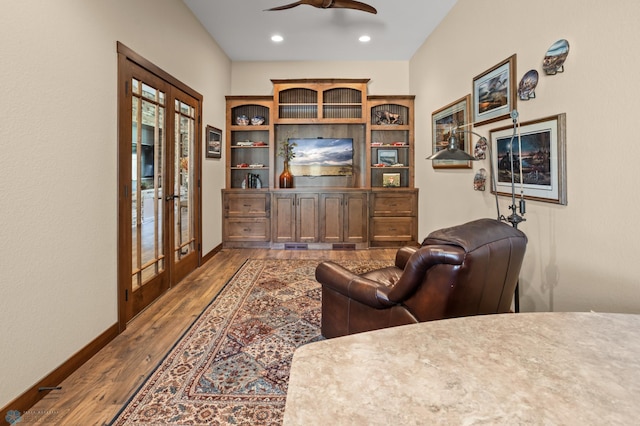 106 Beaton Dr, West Fargo, ND 58078 - living room with french doors, wood finished floors, a ceiling fan, recessed lighting, and baseboards