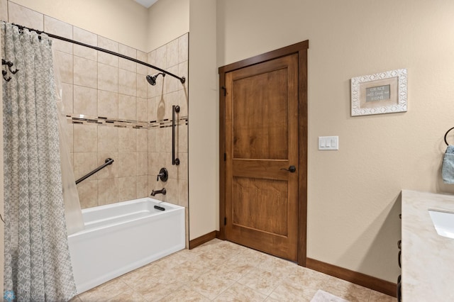 106 Beaton Dr, West Fargo, ND 58078 - full bath featuring shower / bathtub combination with curtain, baseboards, and tile patterned floors
