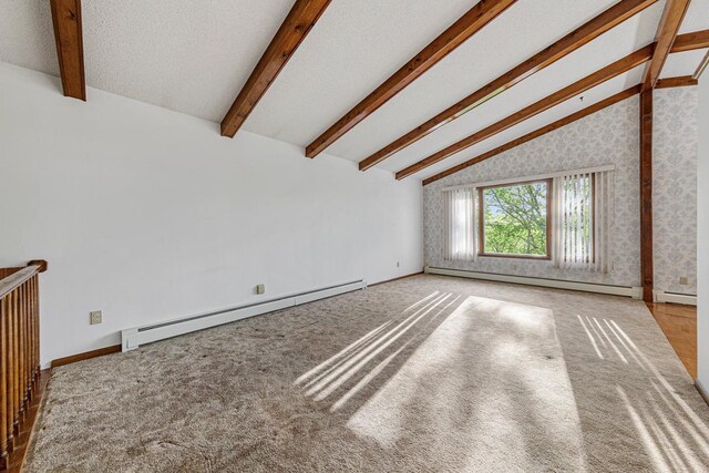 16 Crestview Bay, Faribault, MN 55021 - unfurnished living room with a baseboard radiator, a baseboard heating unit, carpet floors, wallpapered walls, and baseboards