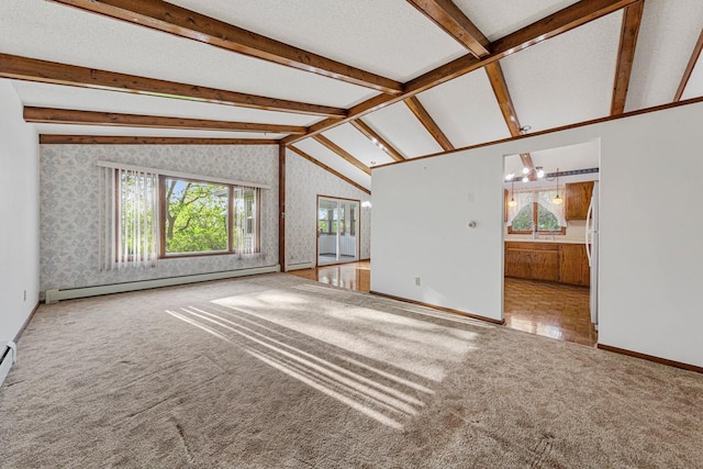16 Crestview Bay, Faribault, MN 55021 - unfurnished living room featuring a baseboard radiator, carpet, wallpapered walls, and baseboards