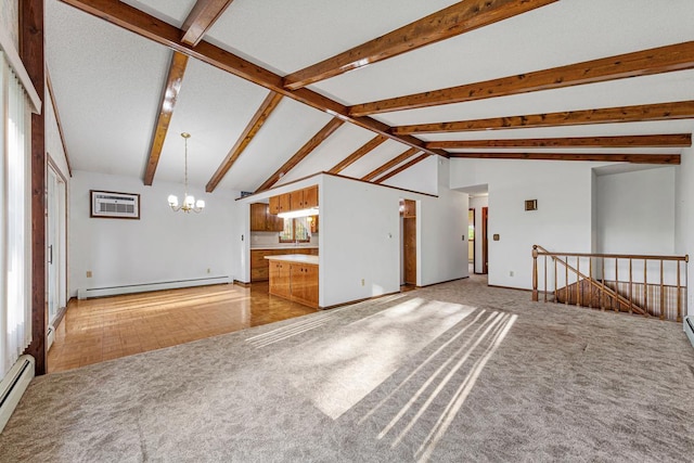16 Crestview Bay, Faribault, MN 55021 - unfurnished living room with a baseboard heating unit, a chandelier, an AC wall unit, and light colored carpet