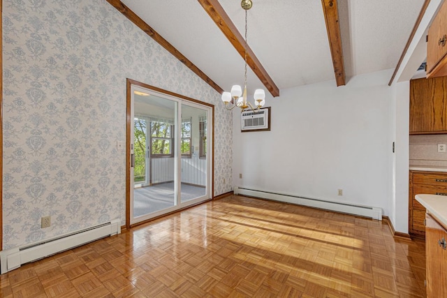 16 Crestview Bay, Faribault, MN 55021 - unfurnished dining area with baseboard heating, a chandelier, wallpapered walls, a wall mounted air conditioner, and baseboards