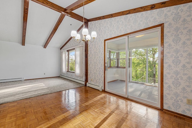 16 Crestview Bay, Faribault, MN 55021 - empty room featuring baseboards, a chandelier, baseboard heating, and wallpapered walls