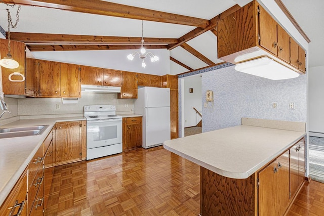 16 Crestview Bay, Faribault, MN 55021 - kitchen featuring white appliances, under cabinet range hood, a sink, and brown cabinetry