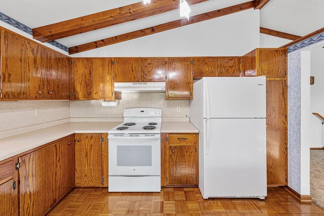 16 Crestview Bay, Faribault, MN 55021 - kitchen with white appliances, under cabinet range hood, tasteful backsplash, and brown cabinets