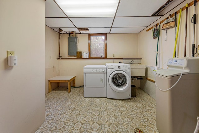 16 Crestview Bay, Faribault, MN 55021 - clothes washing area with washing machine and clothes dryer, electric panel, and a sink