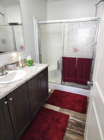 305 4th Ave SW, Milltown, WI 54858 - full bath featuring wood finished floors, vanity, and a shower stall