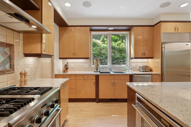 kitchen featuring extractor fan, high quality appliances, a sink, light wood finished floors, and tasteful backsplash