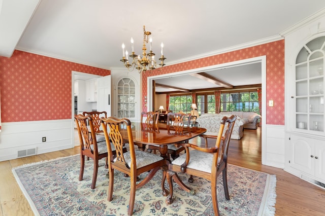 1429 20th St SW, Rochester, MN 55902 - dining area featuring wallpapered walls, a wainscoted wall, a chandelier, light wood-style flooring, and crown molding