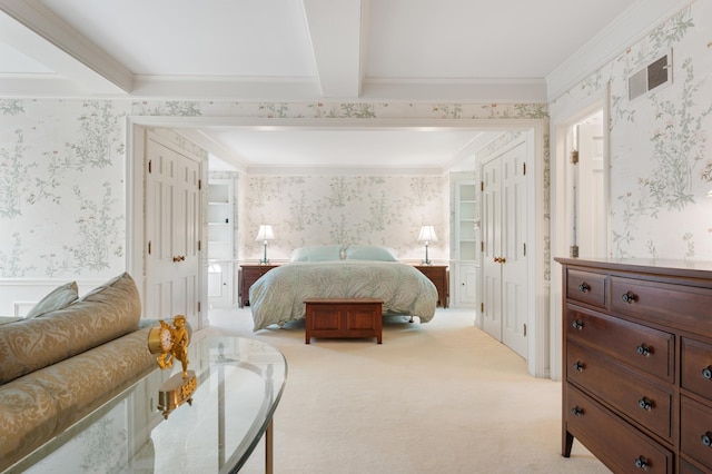 1429 20th St SW, Rochester, MN 55902 - bedroom with wallpapered walls, light colored carpet, crown molding, and a wainscoted wall