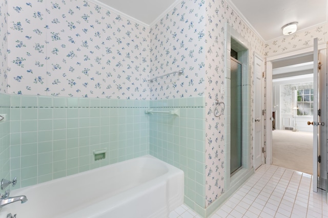 1429 20th St SW, Rochester, MN 55902 - full bath featuring wallpapered walls, ornamental molding, a bath, tile patterned floors, and a stall shower
