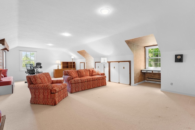 1429 20th St SW, Rochester, MN 55902 - living room featuring lofted ceiling, carpet flooring, and baseboard heating