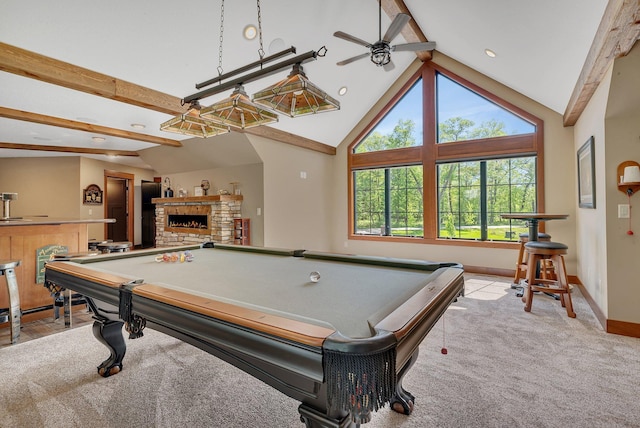 17488 Alexander Ct, Cold Spring, MN 56320 - game room featuring baseboards, ceiling fan, pool table, and a stone fireplace