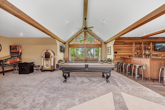 17488 Alexander Ct, Cold Spring, MN 56320 - rec room featuring beam ceiling, pool table, bar, recessed lighting, and high vaulted ceiling