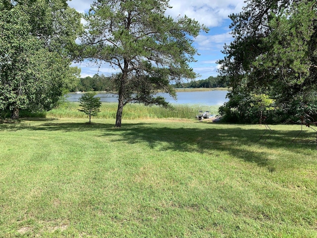 view of grassy yard featuring a water view
