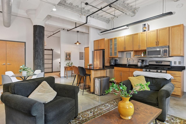 living area featuring a towering ceiling, concrete flooring, rail lighting, and electric panel