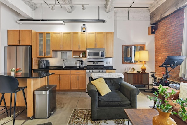 kitchen featuring appliances with stainless steel finishes, a towering ceiling, a sink, concrete floors, and a kitchen breakfast bar