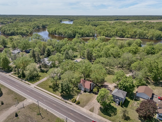 aerial view of property's location with a large body of water and a forest
