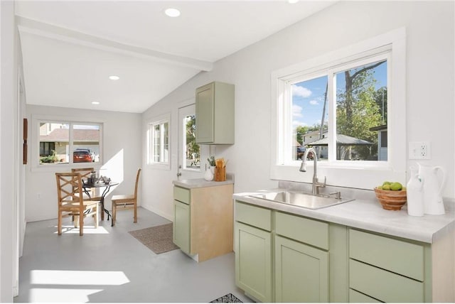 1808 Beach Dr SE, Forest Lake, MN 55025 - kitchen with a sink, green cabinets, light countertops, finished concrete floors, and recessed lighting