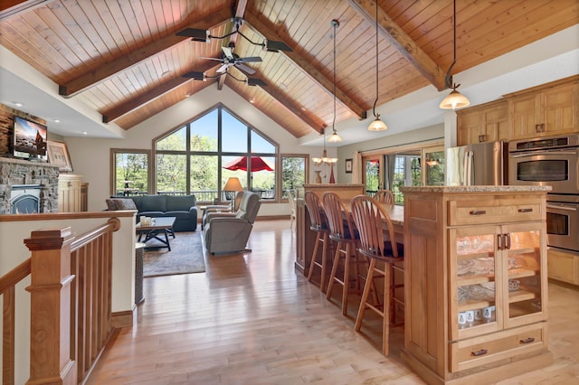 19336 Koetter Ct, Richmond, MN 56368 - kitchen featuring wooden ceiling, appliances with stainless steel finishes, light wood finished floors, healthy amount of natural light, and a stone fireplace
