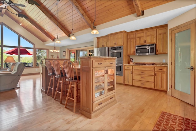 19336 Koetter Ct, Richmond, MN 56368 - kitchen with stainless steel appliances, wood ceiling, light wood-style floors, beam ceiling, and a center island